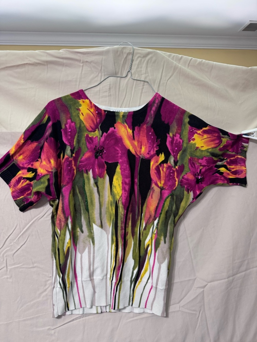 Joseph Magenta Floral Watercolor Short Sleeve Knit Top with Green Accents